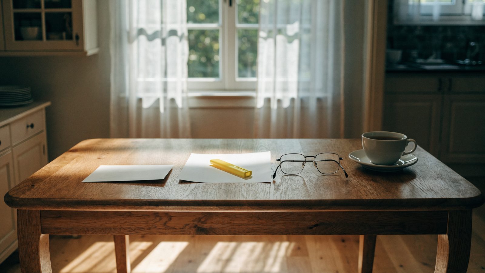 A wooden kitchen table in soft morning light with a plain envelope, a yellow highlighter, reading glasses and a cup of tea.