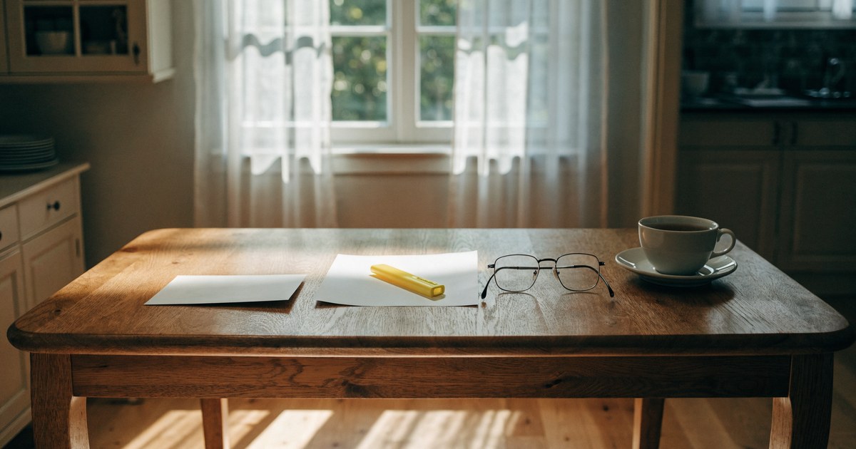 A wooden kitchen table in soft morning light with a plain envelope, a yellow highlighter, reading glasses and a cup of tea.